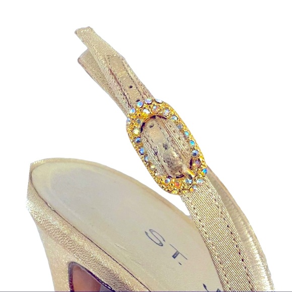 ST JOHN Beige Metallic Crystal Embellished Evening sling back Heels 8.5B - Picture 6 of 15
